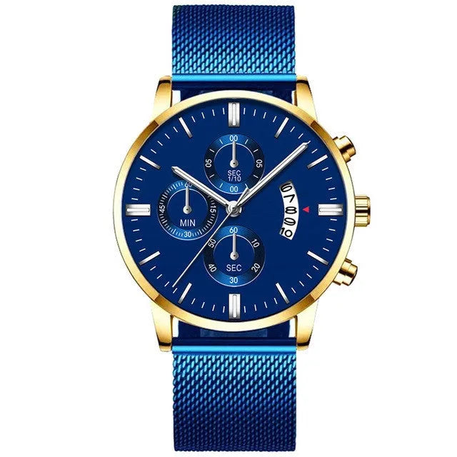 Men's stainless steel mesh band quartz watch showing two-tone colour options on a 4.2cm case.
