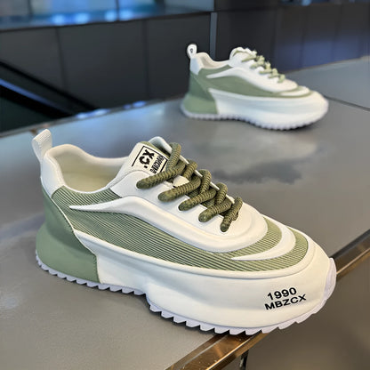 Men's mesh running sneakers with front lace-up, sewn sole, and 3-5cm mid heel, available in white, black, green.