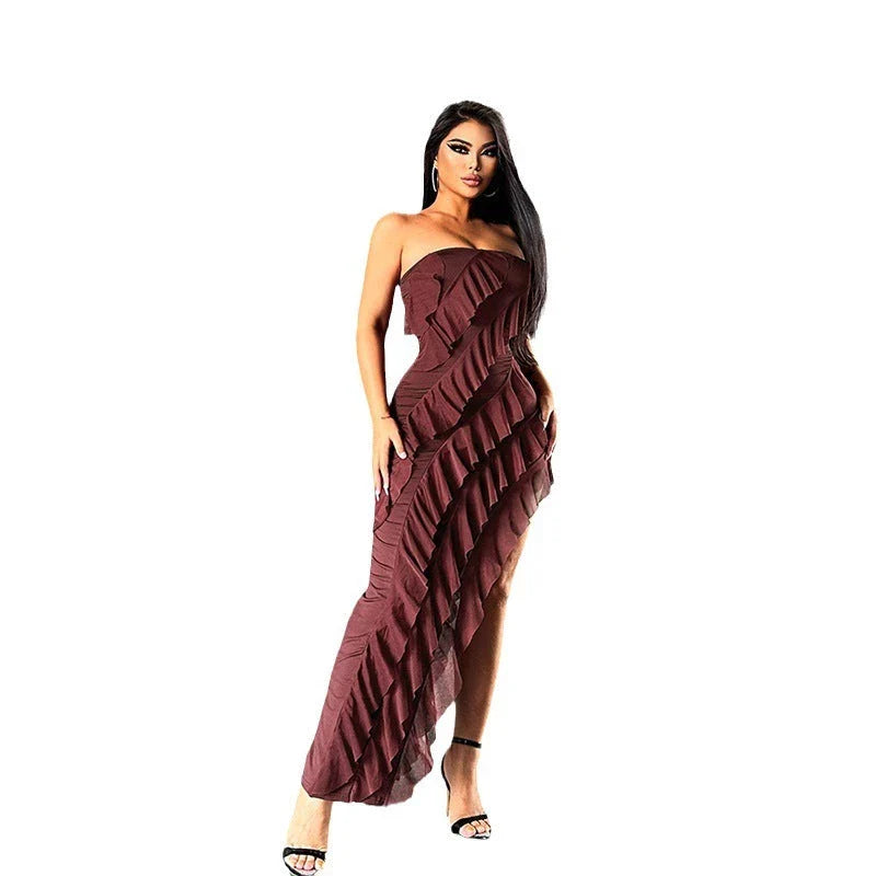 Backless cocktail dress with tassel and split details, available in various colors including black, wine red, red, and brown