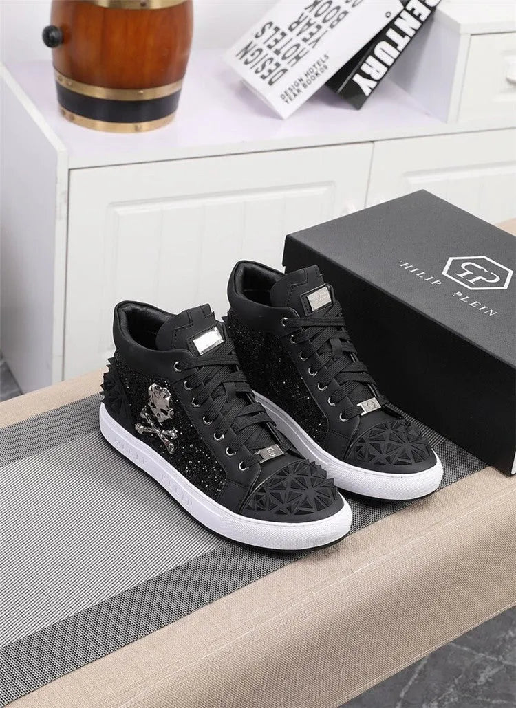 Men's black high-top skeleton shoes with genuine leather uppers, sheepskin lining, and rubber sole on a neutral background