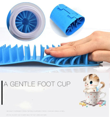 Silicone dog paw cleaner cup in blue, green, or pink with soft bristles for washing muddy paws