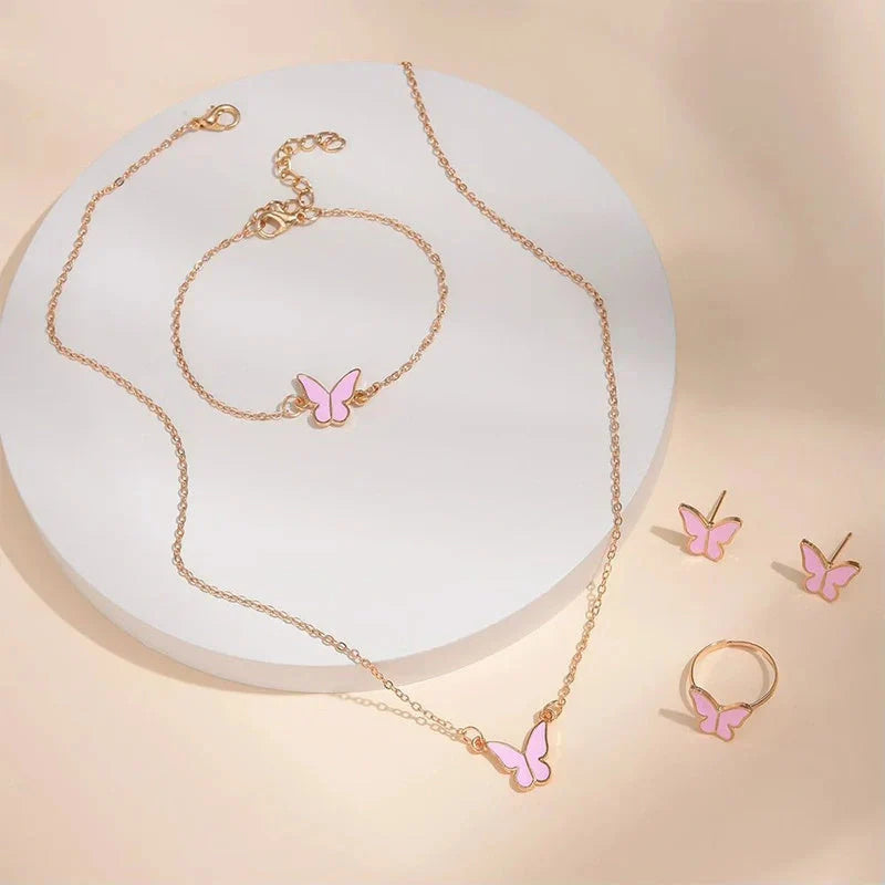 5-piece butterfly jewelry set for women, including necklace, earrings, ring, and bracelet