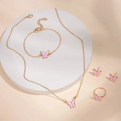 5-piece butterfly jewelry set for women, including necklace, earrings, ring, and bracelet