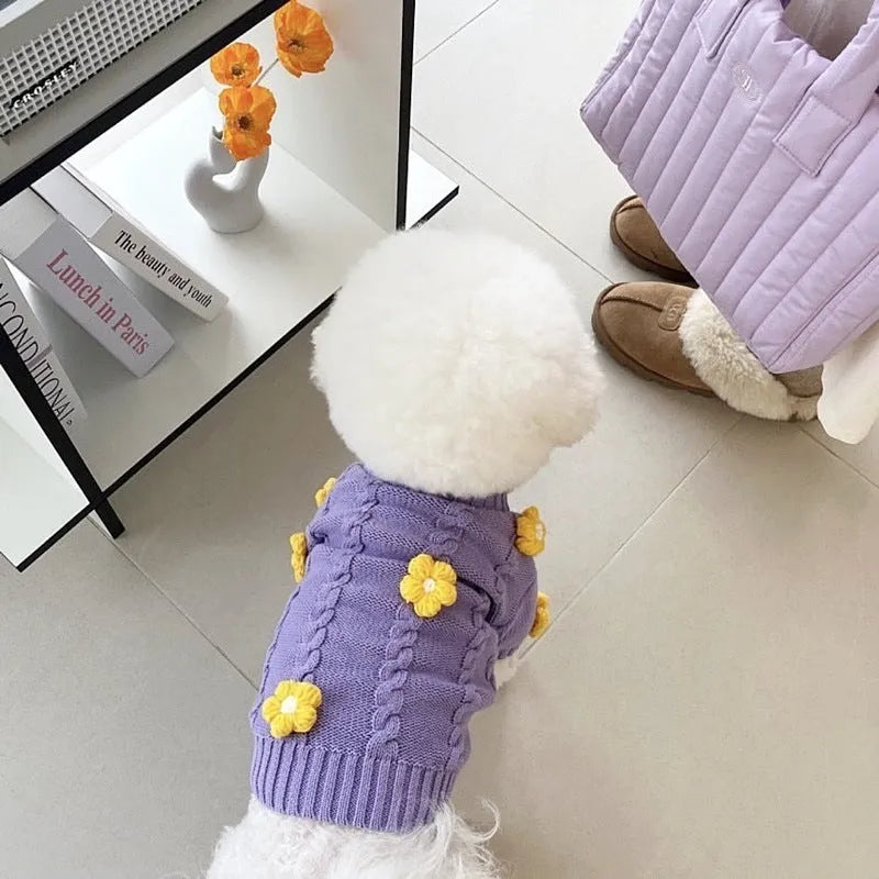 Purple floral print knitted dog jumper shown in size L with 35cm back length for dogs 4.00kg-5.00kg