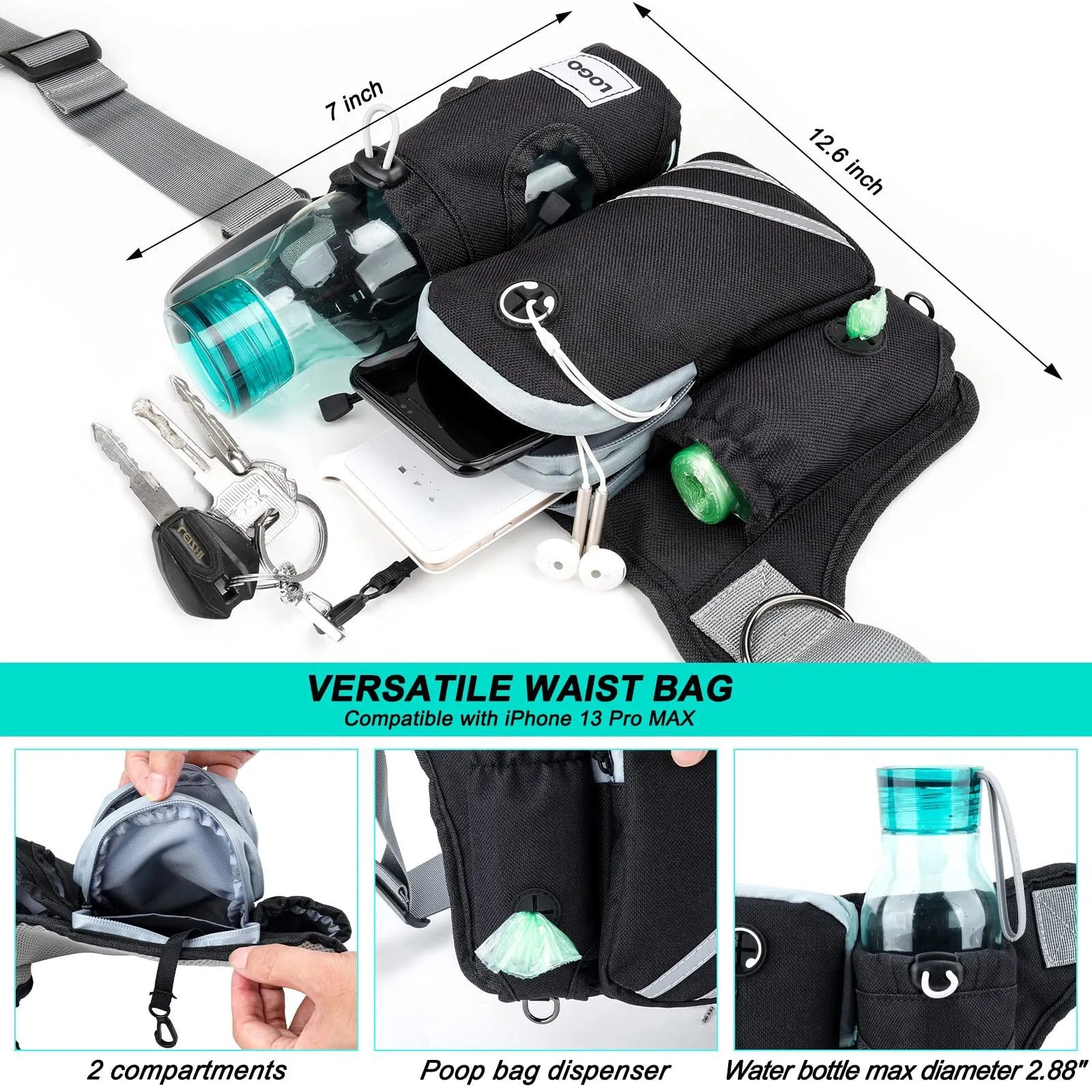 Black nylon outdoor pet training waist bag and dog leash set on waist