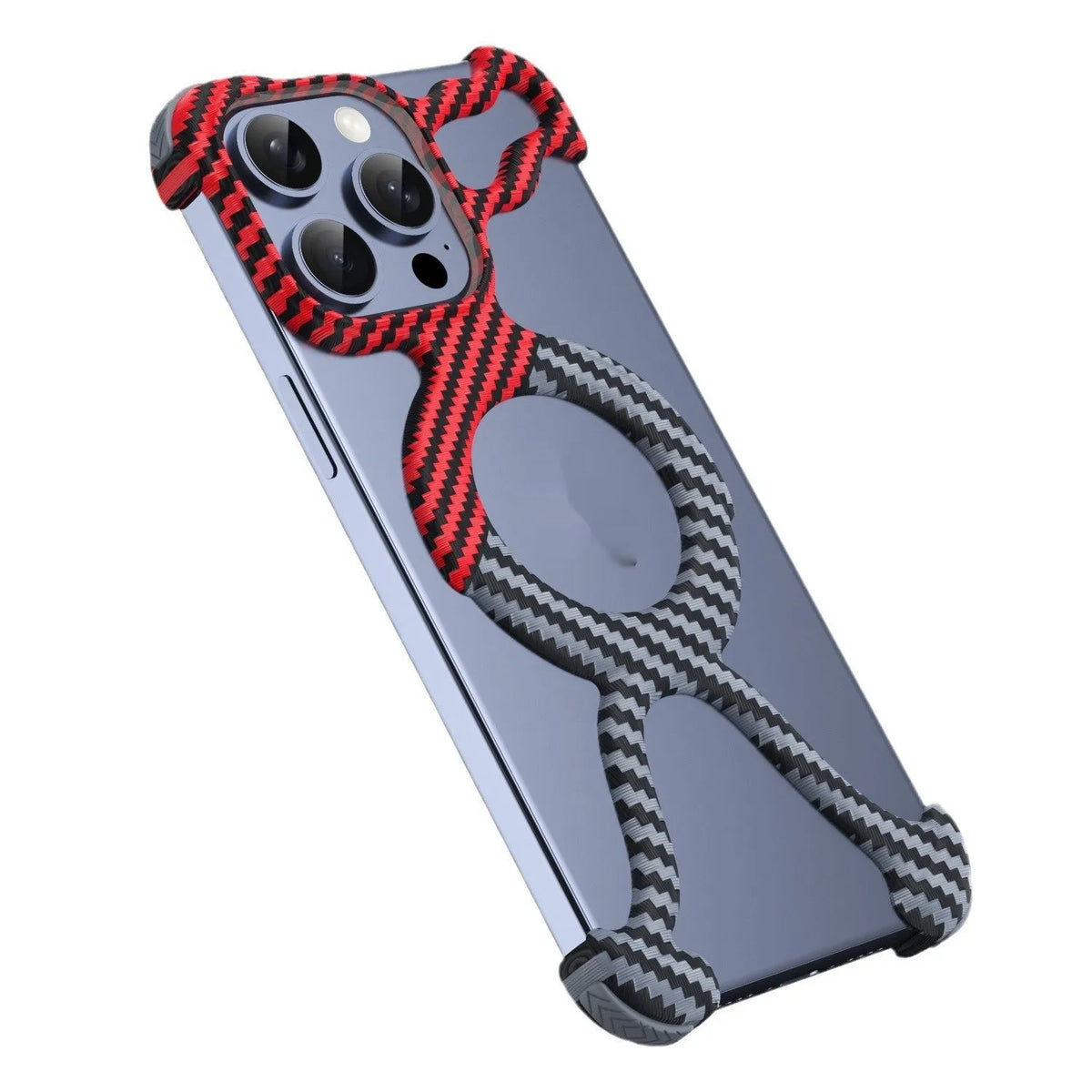 Carbon fibre grain magnetic frameless iPhone case in black and red, PC electroplated, for iPhone 13 14 15