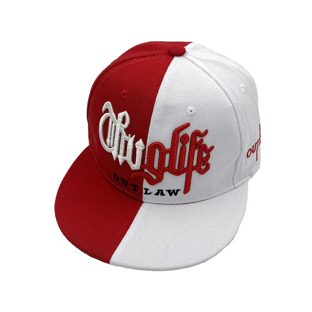 Street hip hop hat with embroidered letters in two colours on dome crown, adult sizing 56-60cm