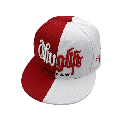 Street hip hop hat with embroidered letters in two colours on dome crown, adult sizing 56-60cm