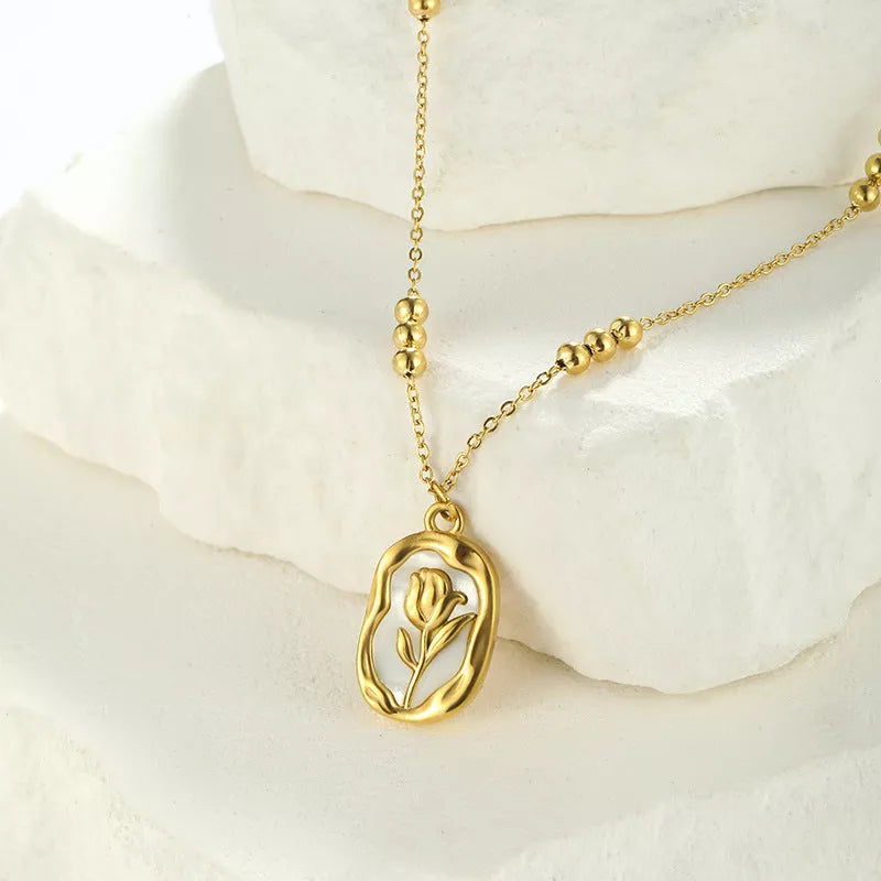 Rose white shell pendant necklace with 18K stainless steel chain