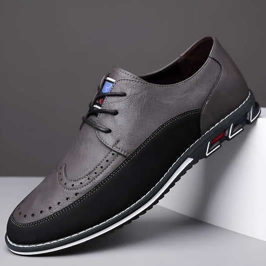 Men's black leather casual shoes with a leather toe cap and rubber sole on a white background.