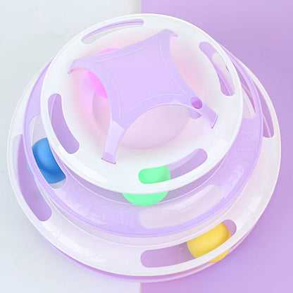 Circular tower track cat toy with rolling ball in blue and white colour option