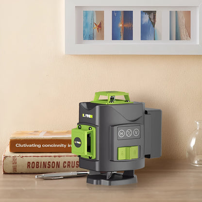 Green 16-line 3D laser level tool with compact black housing on a work surface.