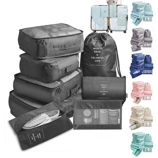 8-piece set of colorful travel packing cubes for organizing clothes and shoes