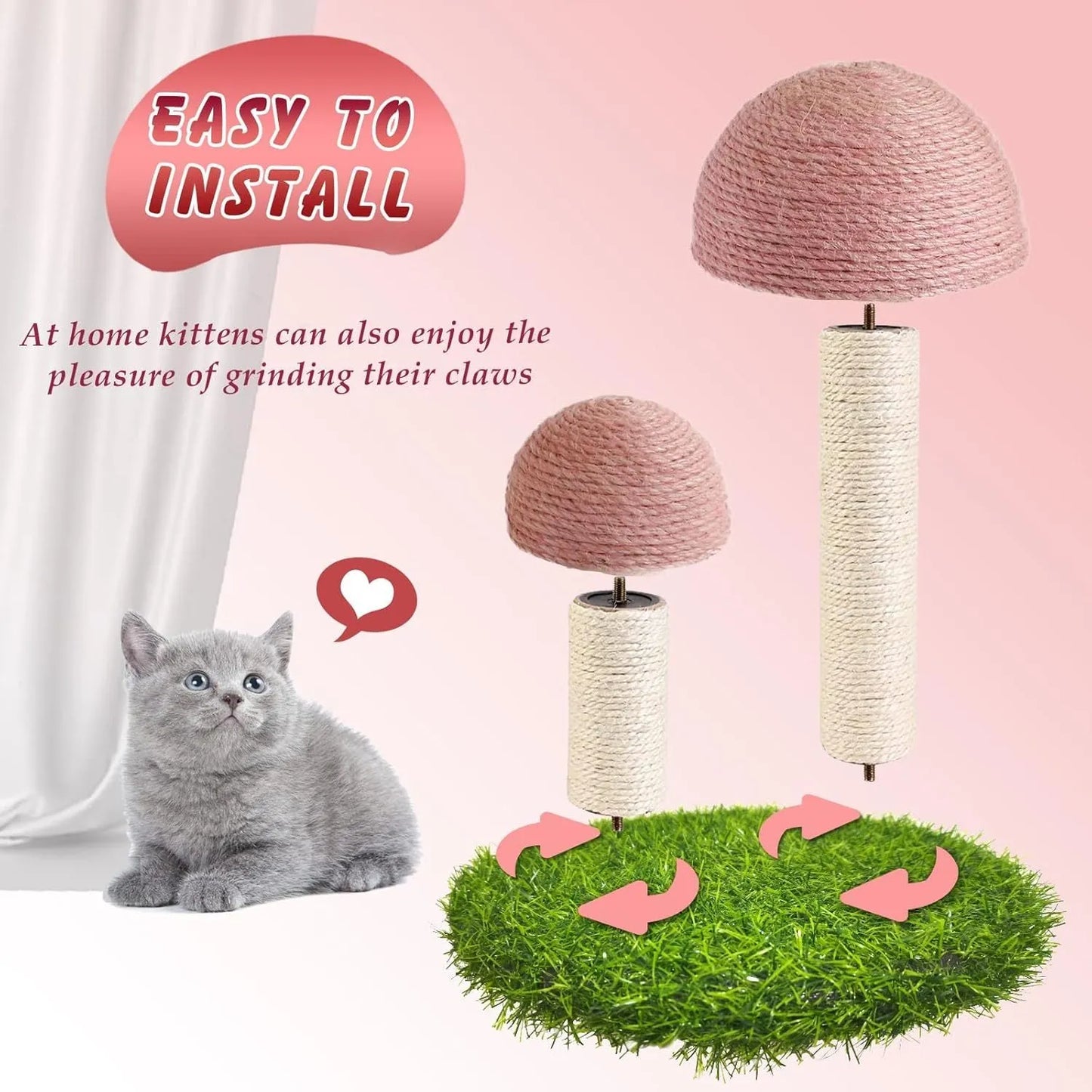 Pink mushroom-shaped cat scratching post with natural sisal texture for small cats.