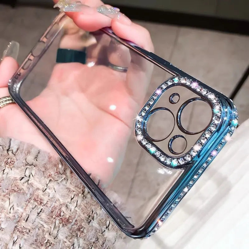 Rhinestone phone case with glass back and TPU silicone bumper for iPhone, in blue, purple, rose gold, or silver.