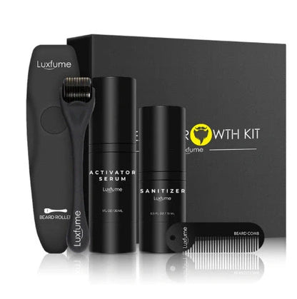 Beard Growth Essentials Kit with micro-needle roller, beard growth essence, and specialized comb for thicker, fuller beard