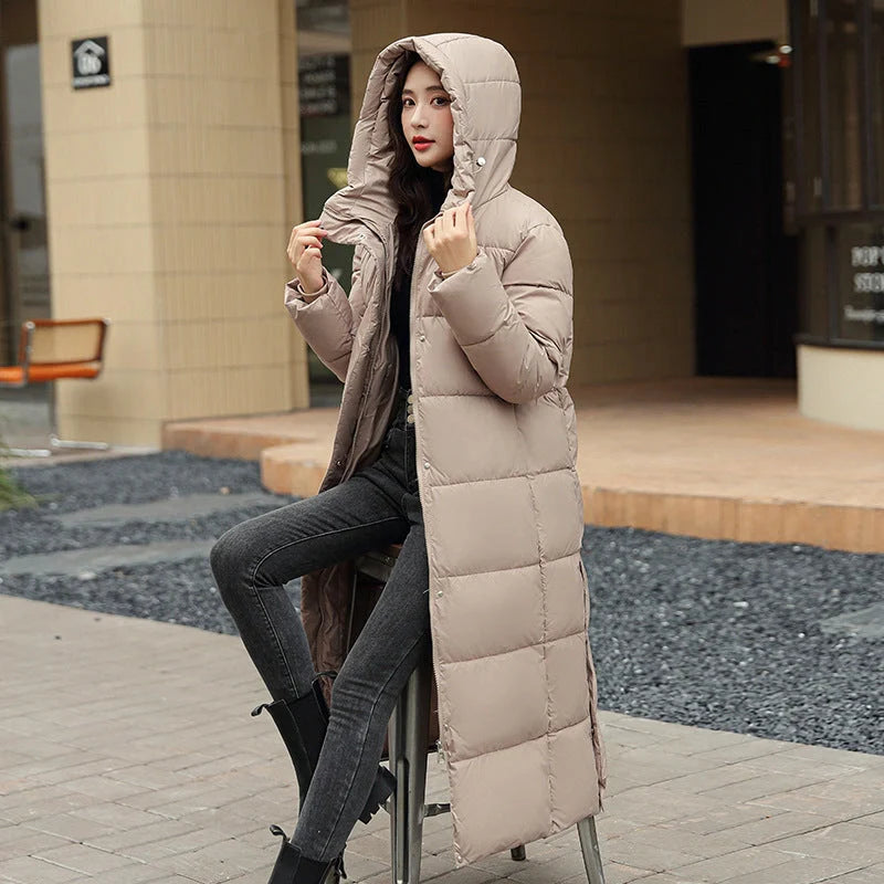 Women's long winter down puffer coat in black, dark red, white, and khaki colors