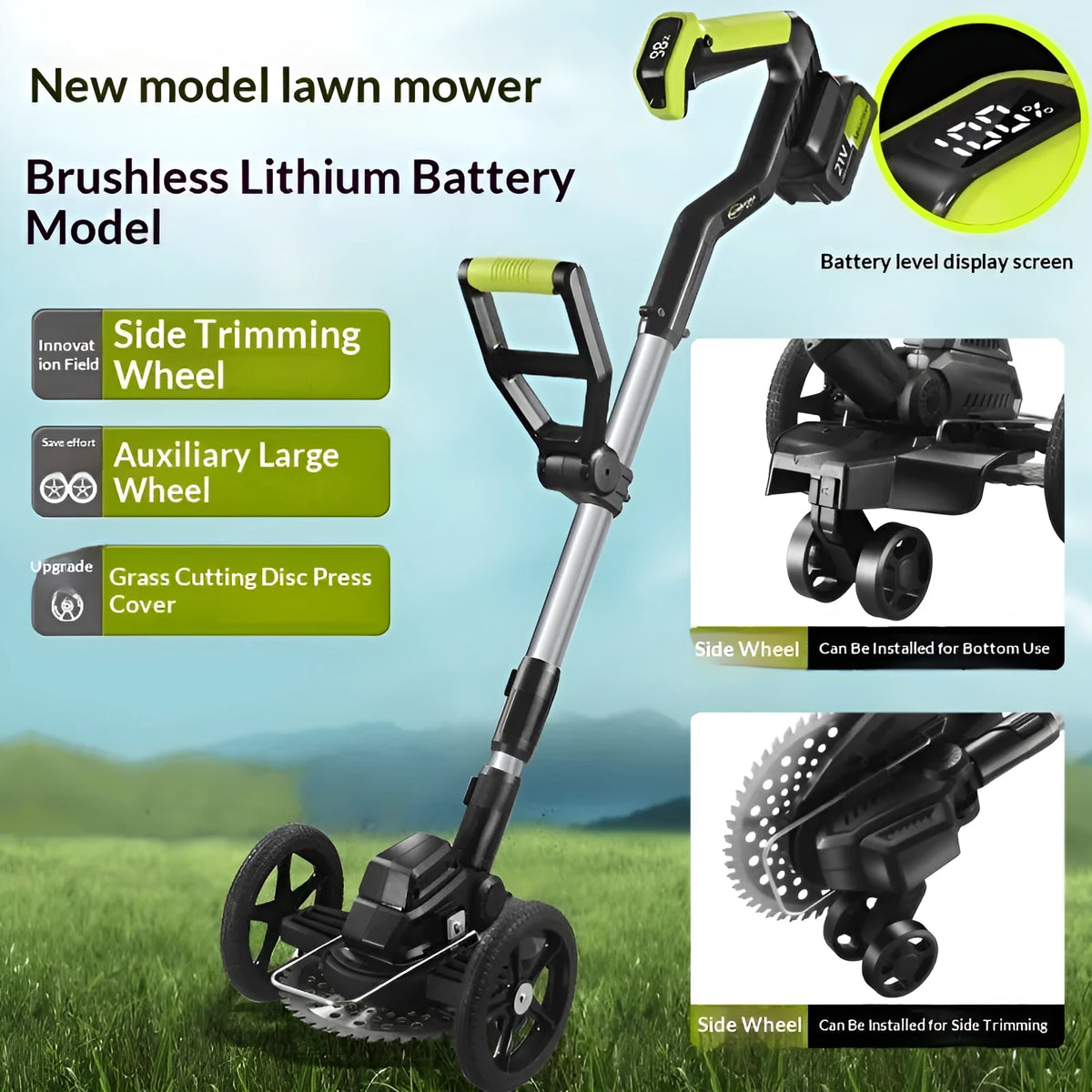 Brushless lithium electric lawn mower with steel, aluminium tube and plastic build, 500W motor and multi-wheel assistance
