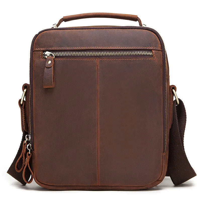 Men's brown crazy horse leather single-shoulder crossbody bag with visible stitching.