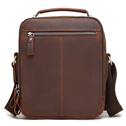 Men's brown crazy horse leather single-shoulder crossbody bag with visible stitching.