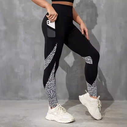Women's polyester yoga leggings with high-waist design and contrast patchwork patterns in various animal print styles