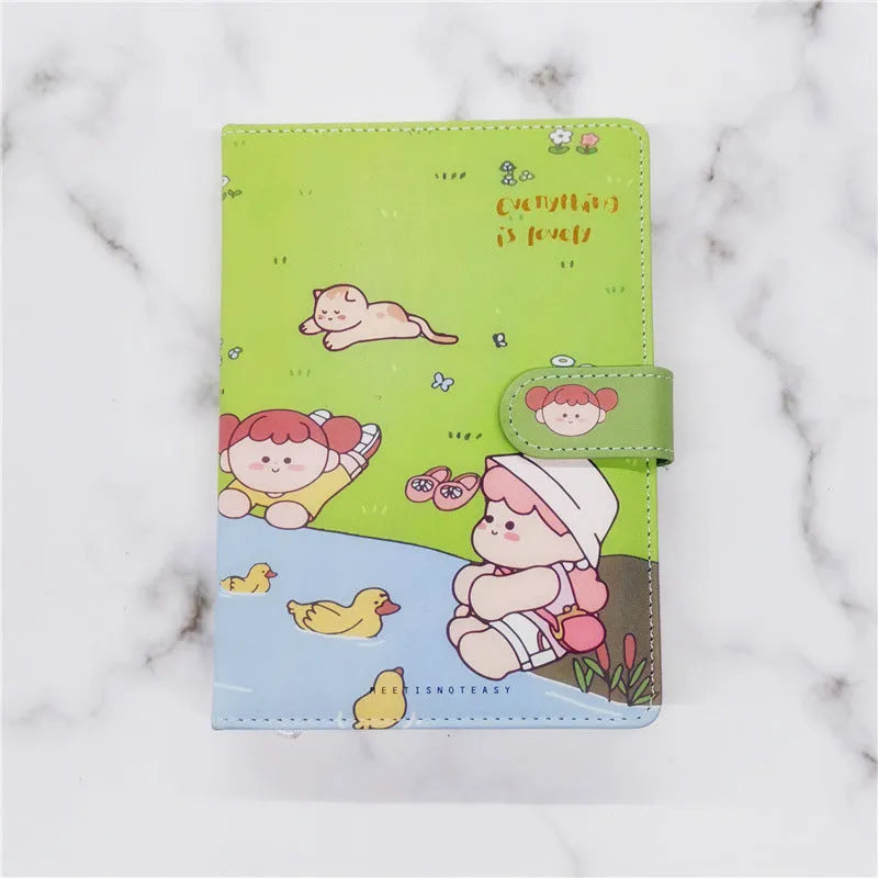 A5PU thread-bound notepad with a choice of coloured covers showing eating ice cream, reading, travelling, and outing themes.
