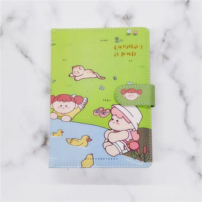 A5PU thread-bound notepad with a choice of coloured covers showing eating ice cream, reading, travelling, and outing themes.