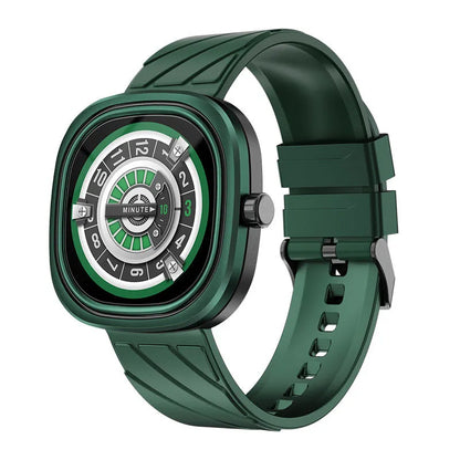 Black silicone band smart watch showing time on its 1.32-inch colour touch screen.