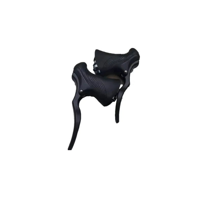 Pair of aluminium alloy road bicycle brake levers in black, shown next to a ruler indicating 22.2mm and 23.8mm measurements.