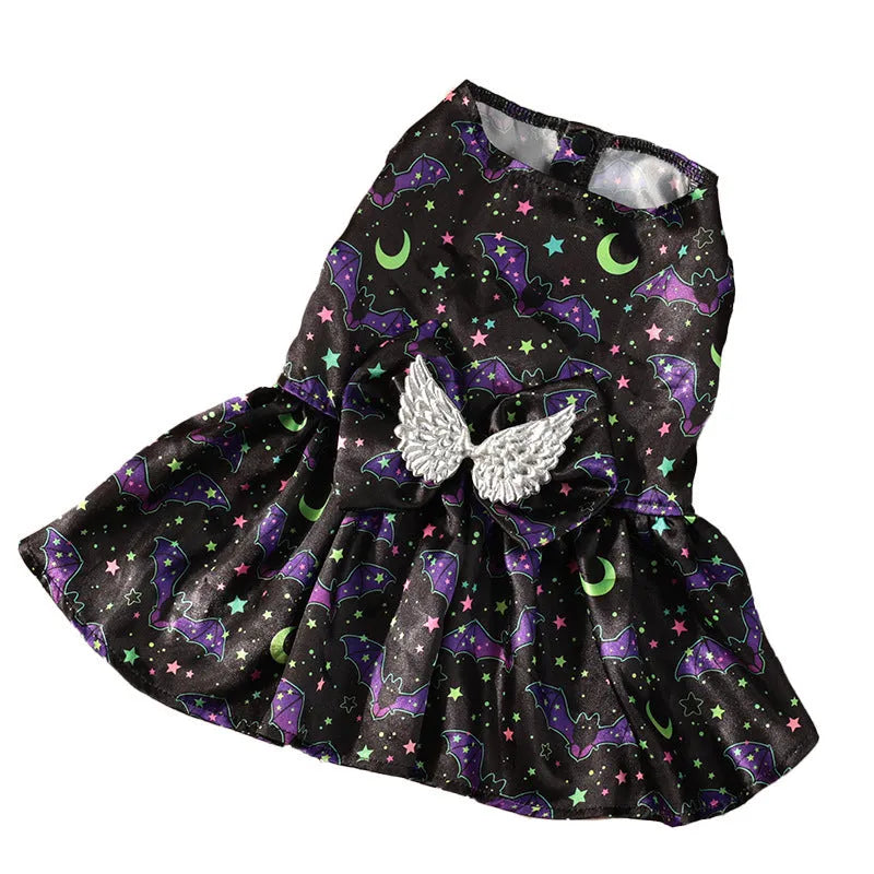 Angel wings Halloween dog costume in bright pumpkin or bat design, lightweight polyester fabric, sizes S to XL