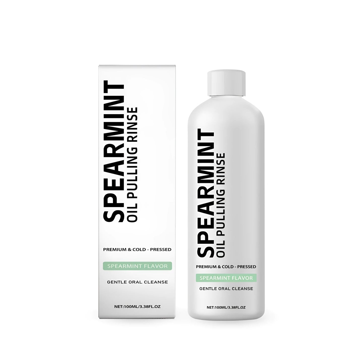 100ml bottle of Spearmint Oil Pulling Rinse mouthwash with herbal extract formula