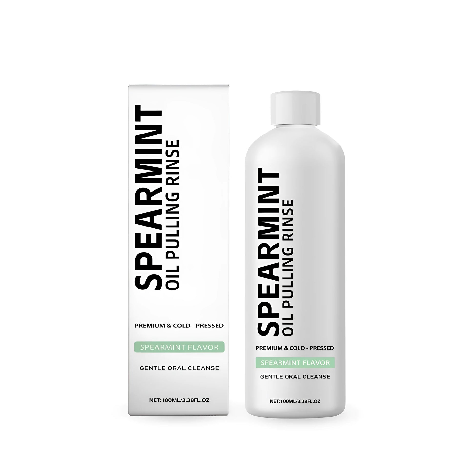 100ml bottle of Spearmint Oil Pulling Rinse, an alcohol-free herbal mouthwash with spearmint and clove oil