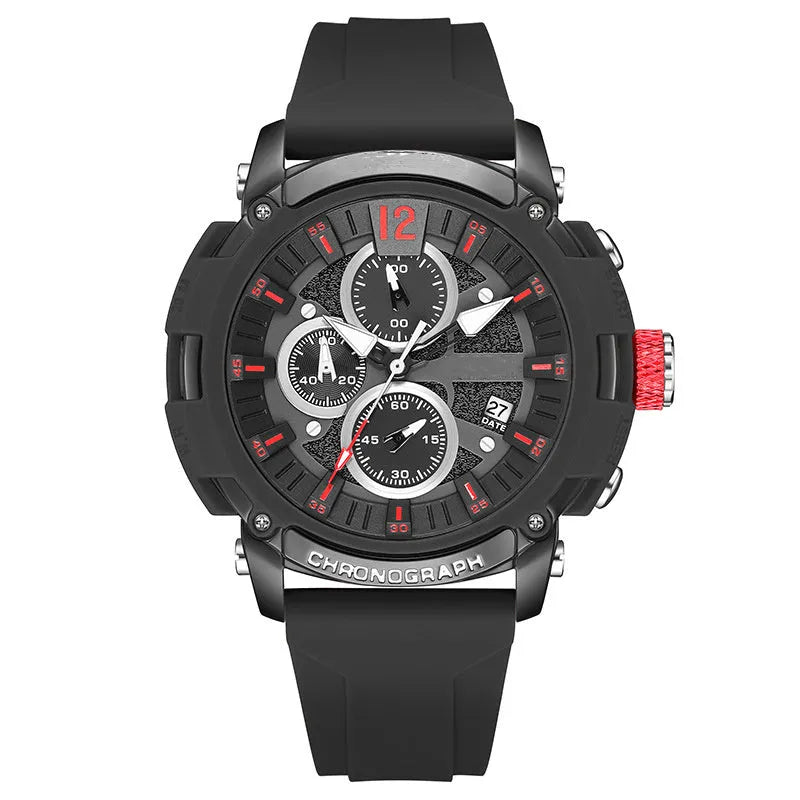 Men's multi-function digital watch with luminous display and calendar on a wrist, showing black colour option.