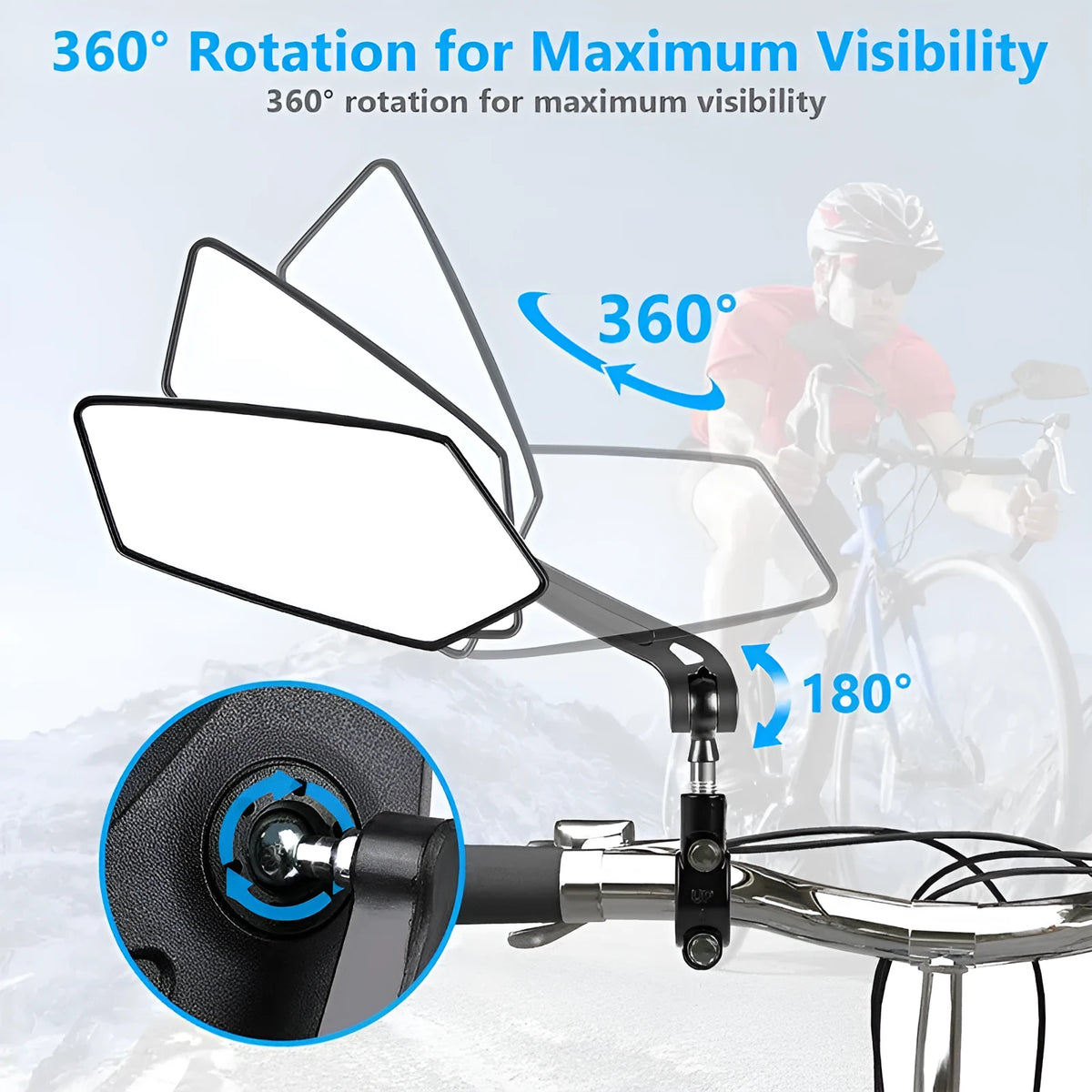 Black bicycle rearview mirror with 360 rotation adjustment for 2-2.4cm handlebars, shown with installation tools