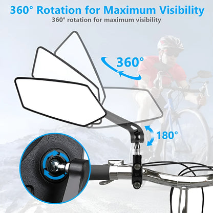Black bicycle rearview mirror with 360 rotation adjustment for 2-2.4cm handlebars, shown with installation tools