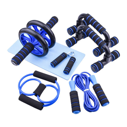 Push-up bracket with seven abdominal wheels in red, green, black, and blue colour options