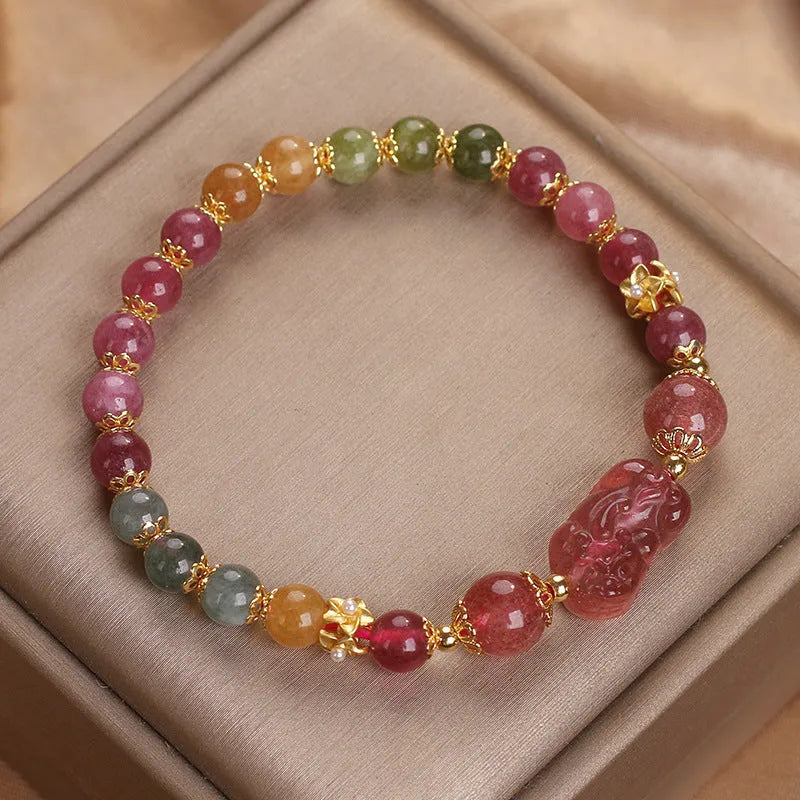 Candy colour tourmaline strawberry quartz pi xiu bracelet with 17cm purity and electroplated finish