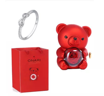Eternal Rose Teddy Bear Jewelry Box with rotating drawer and preserved rose