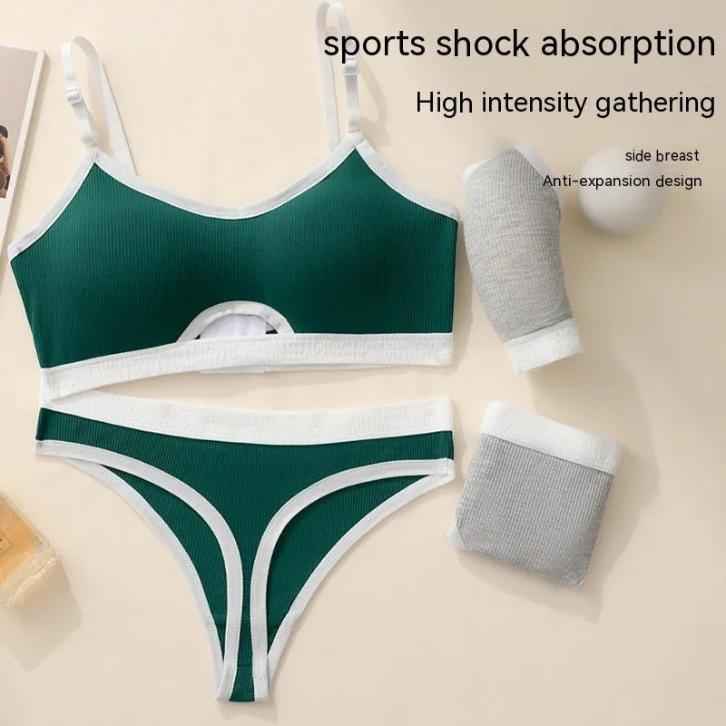 Women's white cotton sports bra with double straps and seamless back, paired with matching underwear