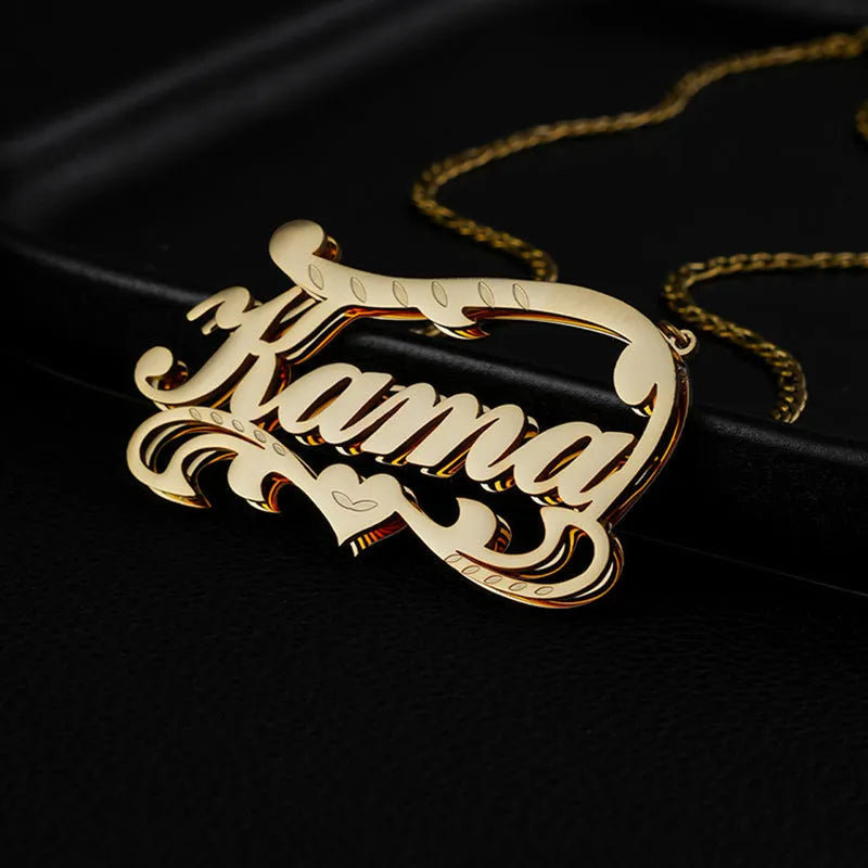 Custom name necklace with double-layer wave heart pendant in gold or silver stainless steel