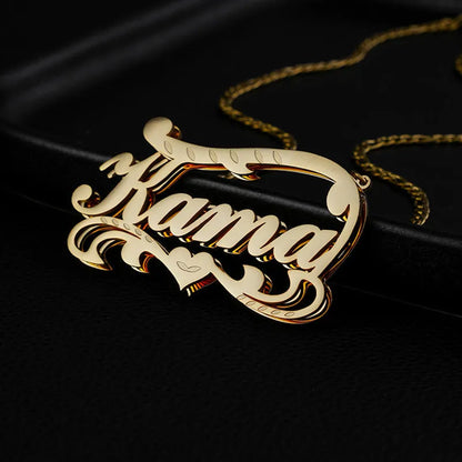 Custom name necklace with double-layer wave heart pendant in gold or silver stainless steel