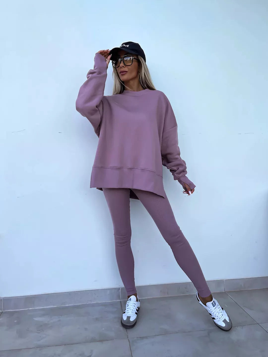 Women's casual sweater suit with long sleeve crew neck top and tight trousers in various colors