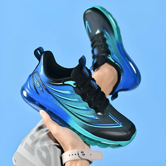 Men's white and blue woven fabric sneakers with round toe and mid-height design on a plain background.