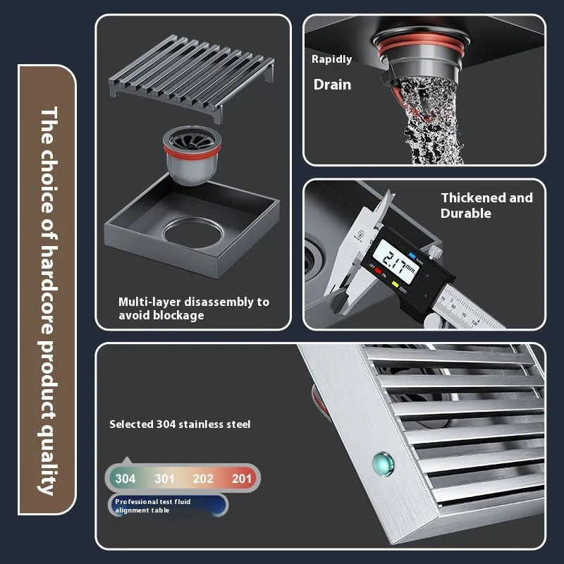 304 stainless steel courtyard deodorant floor drain with 15x15cm gun grey ABS plastic core