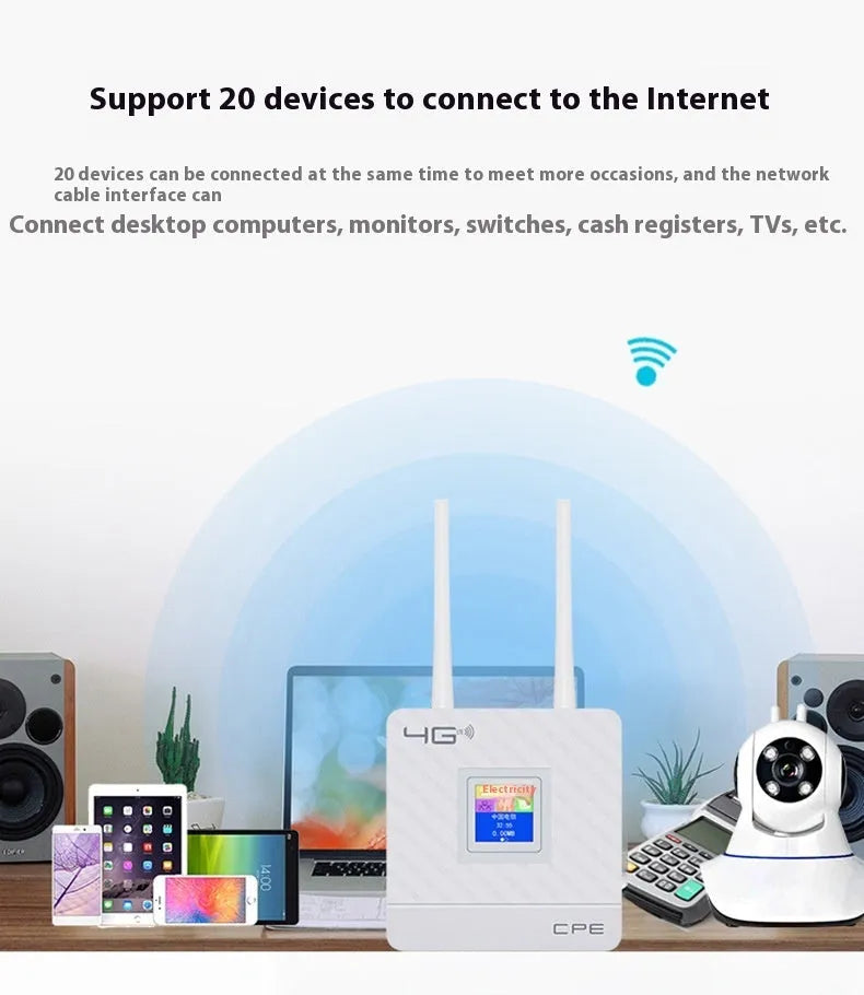 CPF903 white 4G LTE router with two black external antennas attached, alongside USB cable and power adapter.