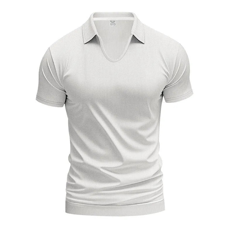 Men's loose fit light grey V-neck short sleeve T-shirt laid flat