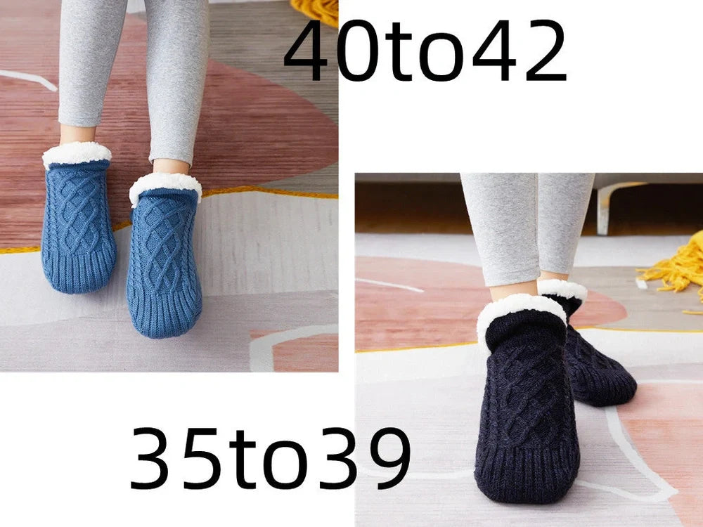 Winter woolen socks with V-opening design and anti-slip dots on soles in navy blue colour