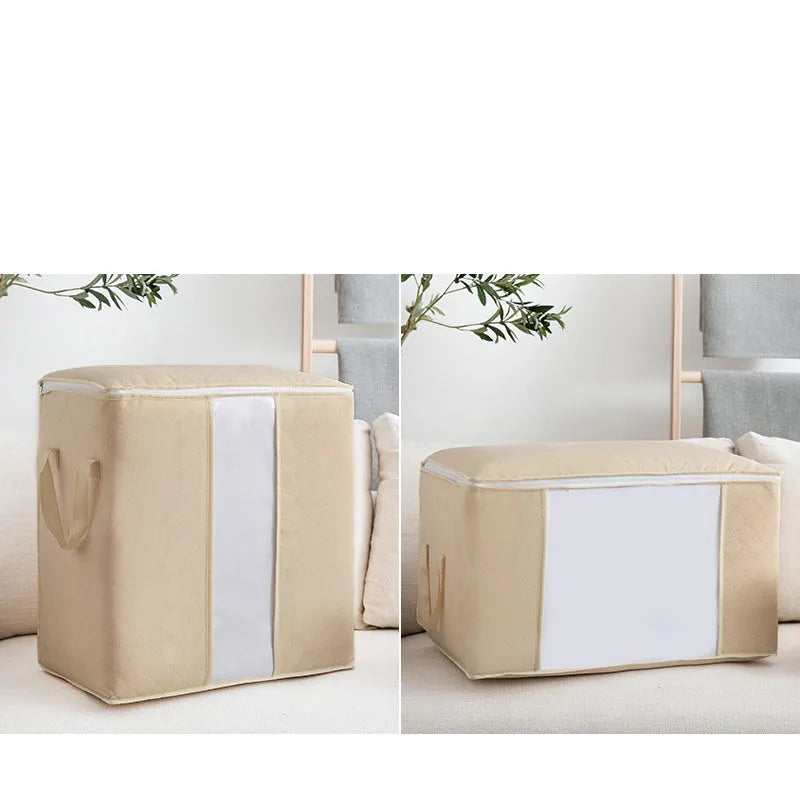 Non-woven storage bag in beige colour with handbag shape for organising quilts and clothes