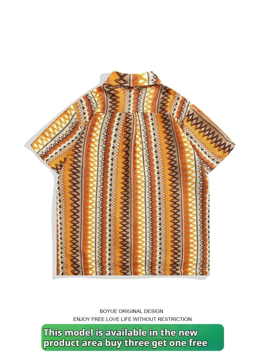 Ethnic style woven Cuban collar shirt with contrast colours, loose fit, and short sleeves.