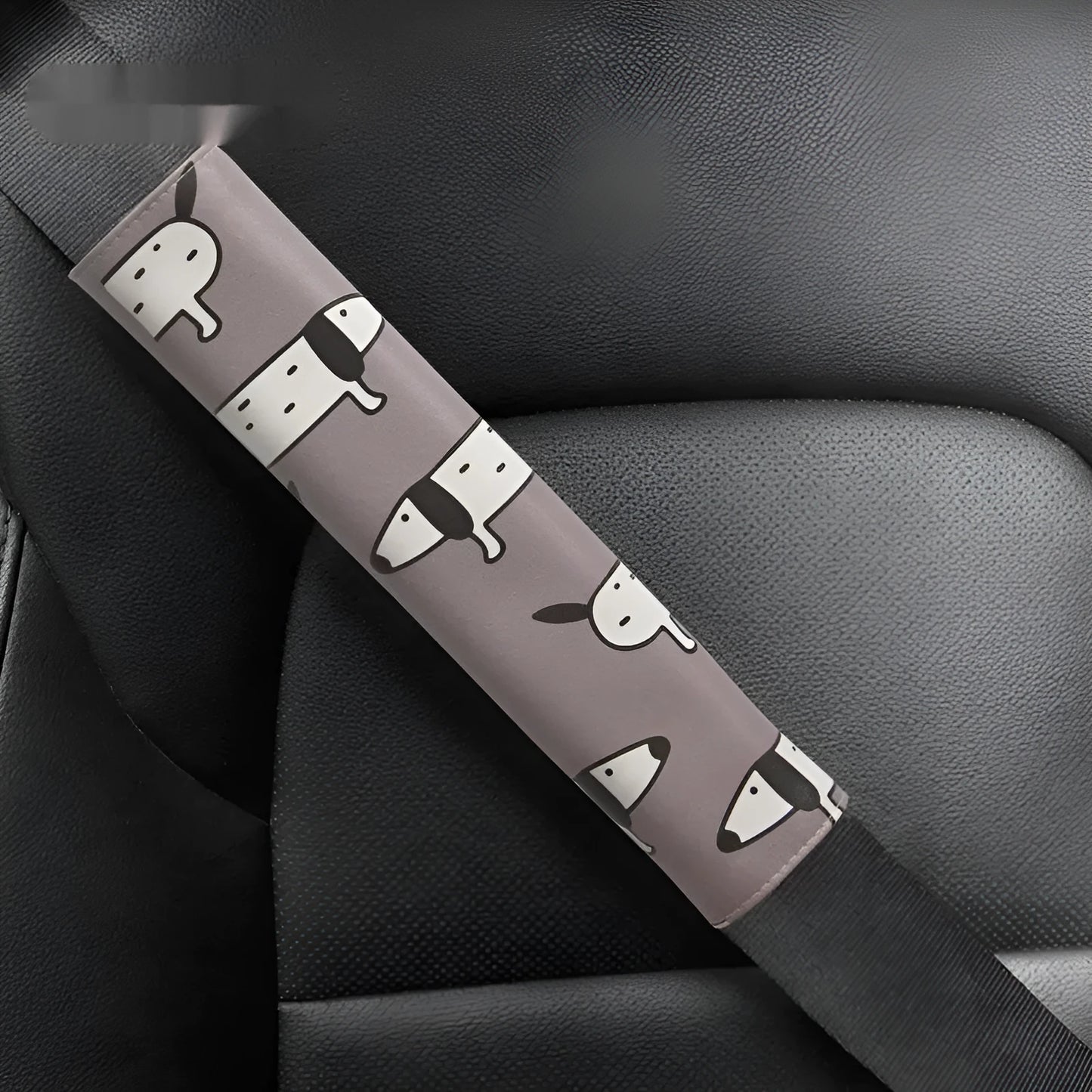 Dachshund cartoon design PU leather car seatbelt shoulder protector, 14 by 22 cm.